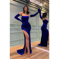 Unique Straps Velvet Pleats Sexy High Split Long Prom Formal Dress