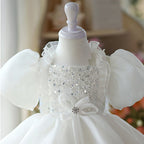 Elegant Baby White Sequin Puff Sleeve Mesh Princess Dress Toddler First Communion Dress