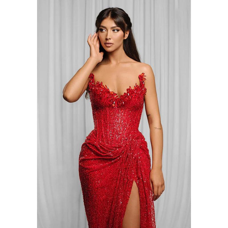 Numbersea Elegant & Luxurious V-Neck Sleeveless Sequins Side Slit Sheath Evening Party Prom Dress
