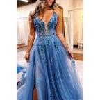 Tulle A-line Sweetheart Spaghetti Straps Appliques with Side Slit Party Prom Evening Dress