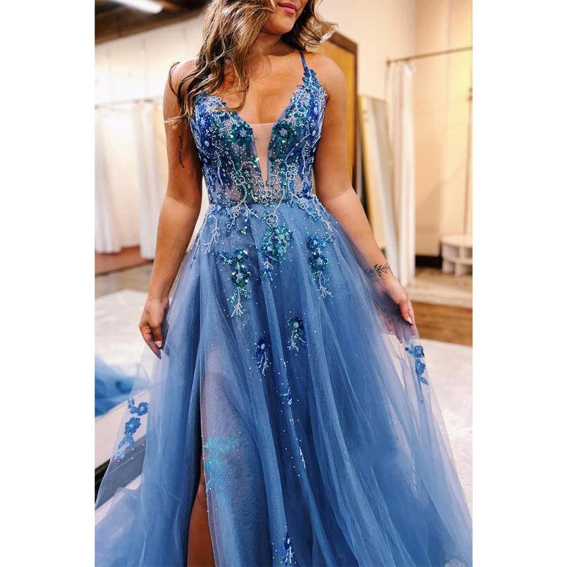 Tulle A-line Sweetheart Spaghetti Straps Appliques with Side Slit Party Prom Evening Dress