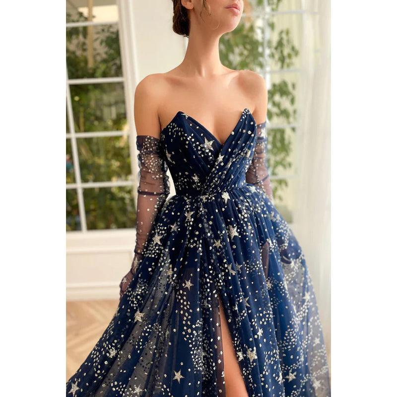V-Neck Strapless Star Tulle A-Line Long Prom Gown with Slit