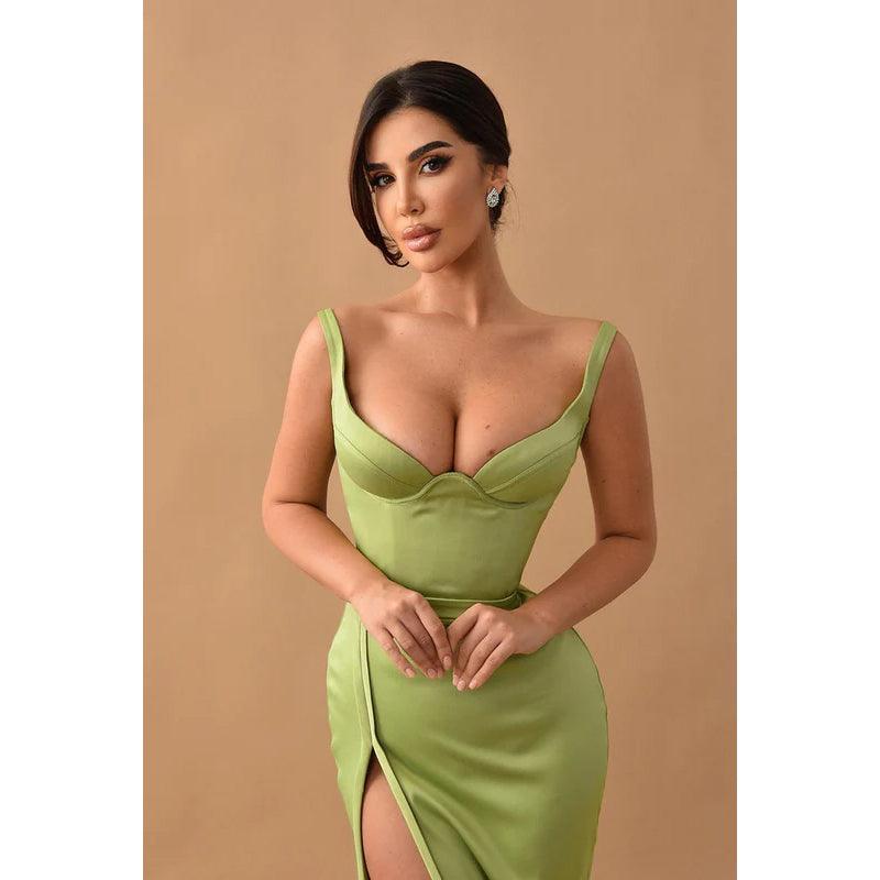 Sexy V Neck Side Slit Satin Mermaid Long Prom Evening Dress With Train