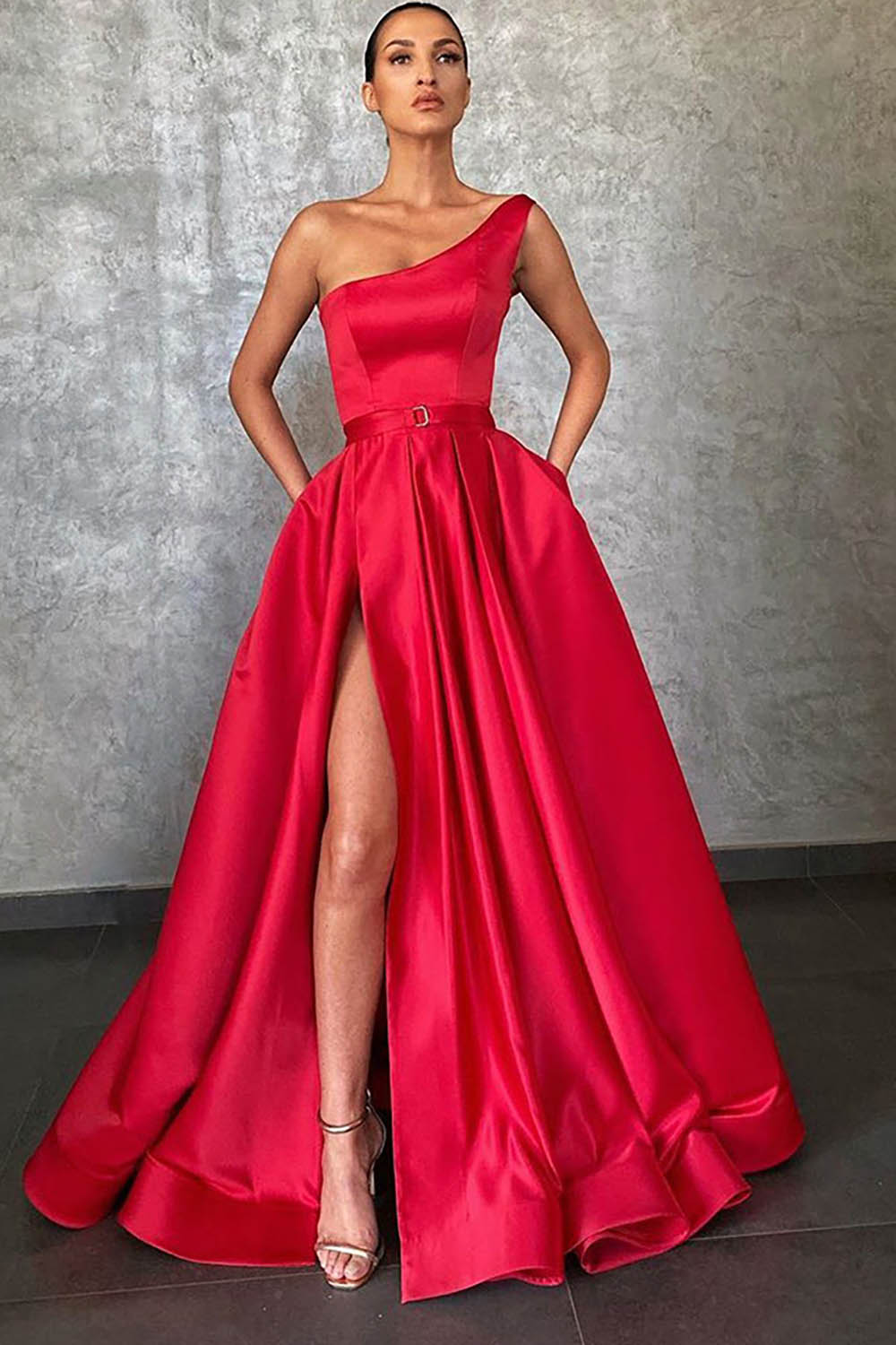 A Line One Shoulder Champagne Long Prom Dress with Slit