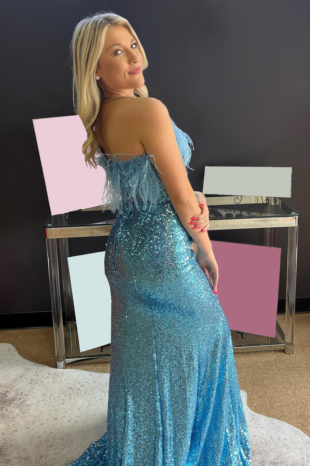 Mermaid Strapless Light Blue Sequins Long Prom Dress with Feathers