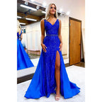 Sexy V-neck Sequins Appliques Long Prom Dress with Slit
