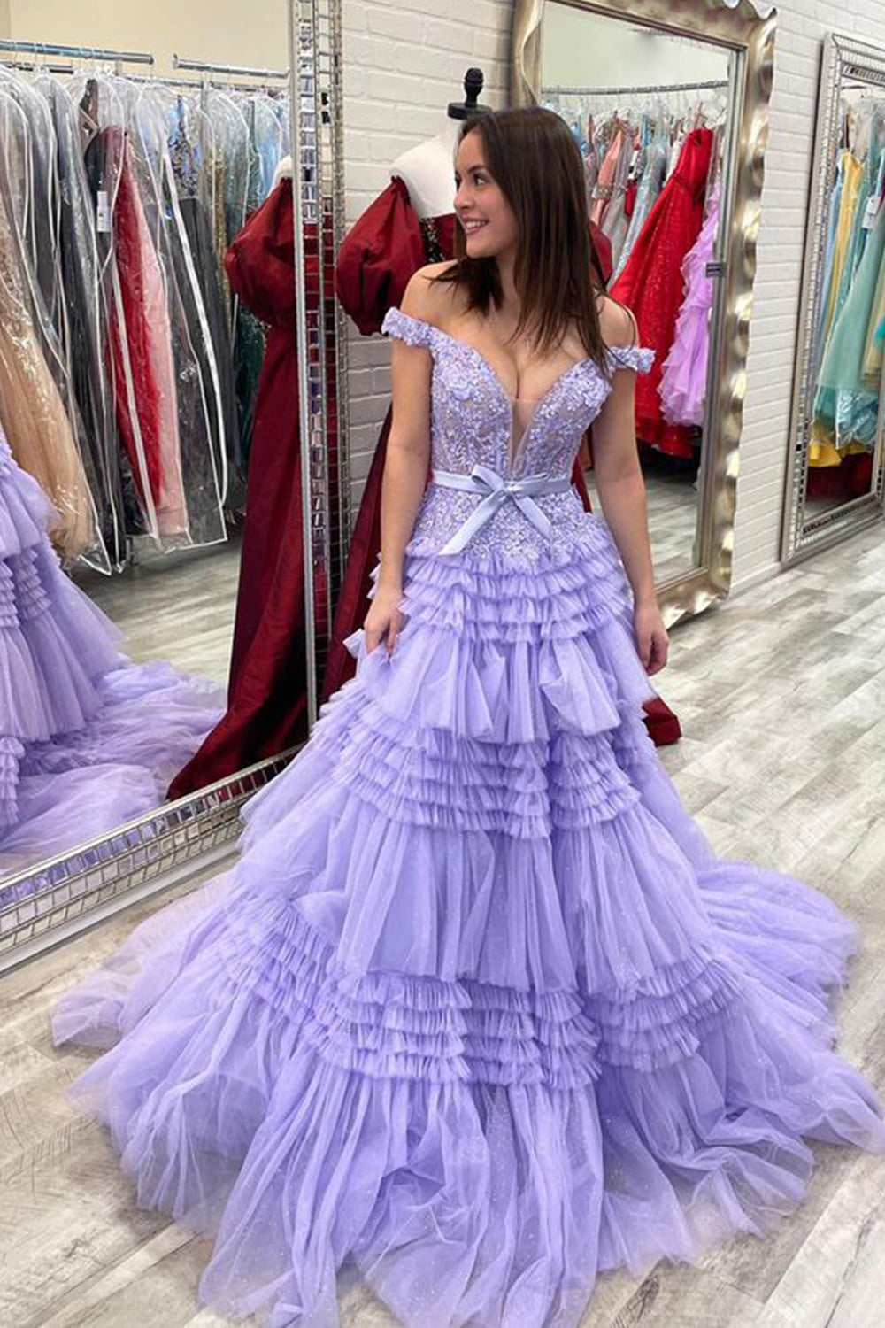 Princess A Line Off the Shoulder Lilac Long Prom Dress with Ruffles