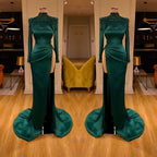 Dark Green Beadings Pearl Ball Dresses Mermaid Prom Dress Split Long Sleeves