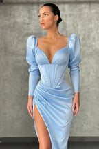 Dark green High-split Mermaid Prom Dress Bubble sleeves
