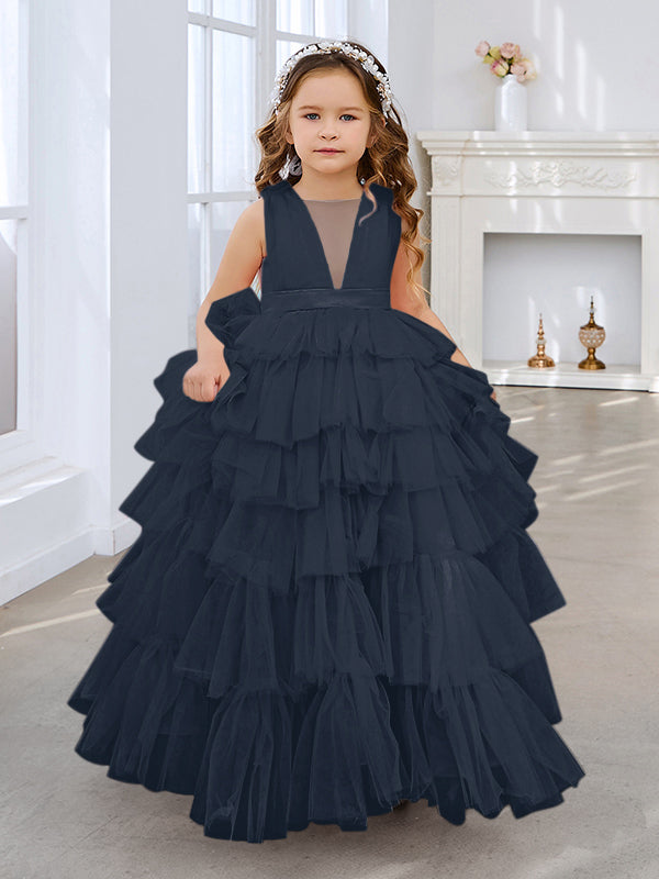 Ball-Gown/Princess Pearl Pink Sleeveless Tulle Bow Flower Girl Dress (010220814)