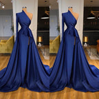 Dark Royal Blue Ruffles Side-cut Overskirt Prom Dress One shoulder