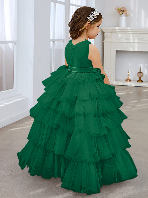 Ball-Gown/Princess Pearl Pink Sleeveless Tulle Bow Flower Girl Dress
