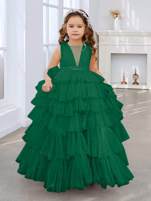 Ball-Gown/Princess Pearl Pink Sleeveless Tulle Bow Flower Girl Dress (010220814)