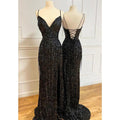 Sexy V-neck Black Sequins Sparkly Prom Dress