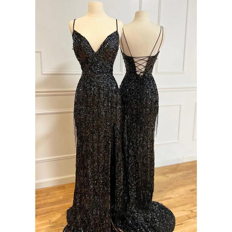 Sexy V-neck Black Sequins Sparkly Prom Dress