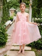 A-line Organza Tea-length Pink Dress (010220821)