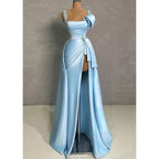 Empire Ruched with Side Slit Beaded Party Prom Evening Dress