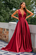 A Line Deep V Neck Burgundy Satin Prom Dress
