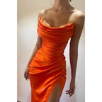 Sheath/column Strapless Sati Pleats Long Formal Party Dress with Slit