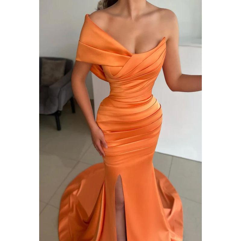 Simple One Shoulder Sleeveless Ruched Satin Mermaid Long Evening Dress