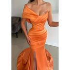 Simple One Shoulder Sleeveless Ruched Satin Mermaid Long Evening Dress
