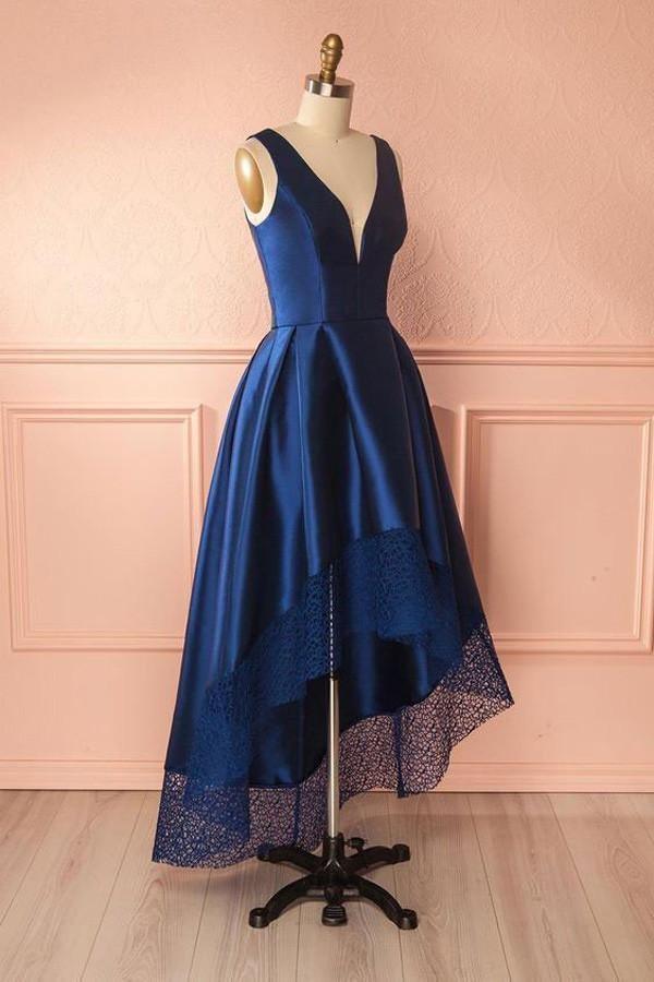 Deep V Neck High Low Lace Satin Prom Dresses Bridesmaid Dresses