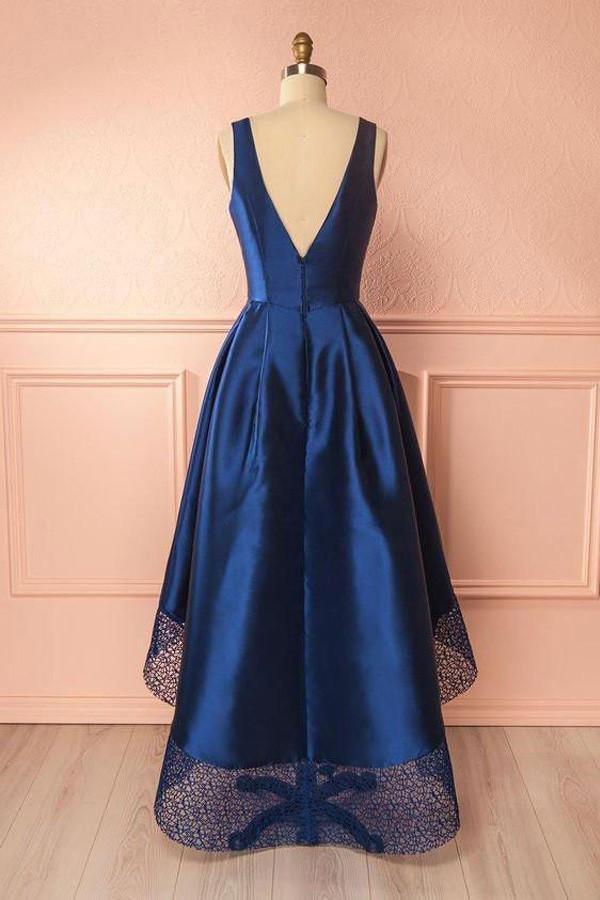 Deep V Neck High Low Lace Satin Prom Dresses Bridesmaid Dresses