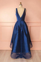 Deep V Neck High Low Lace Satin Prom Dresses Bridesmaid Dresses
