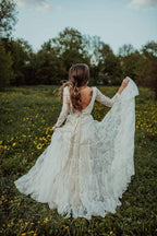 Deep V Neck Boho Wedding Dress Long Sleeve Rustic Wedding Dress