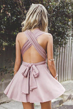 Deep V-Neck Criss-Cross Straps Short Blush Satin Homecoming Dress