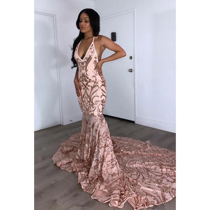 V-Neck Halter Backless Sequins Satin Mermaid Long Prom Evening Dress