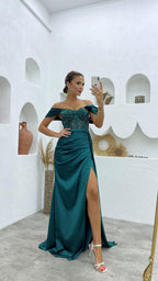 Deluxe Floor Length Off-The-Shoulder Sleeveless Mermaid Satin Prom Dress with Split