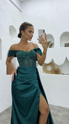 Deluxe Floor Length Off-The-Shoulder Sleeveless Mermaid Satin Prom Dress with Split