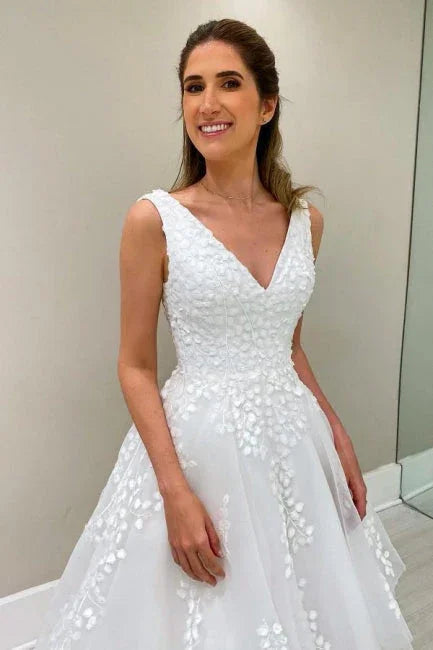 Designer A-Line Lace V-Neck Sleeveless  Wedding Dress With Appliques