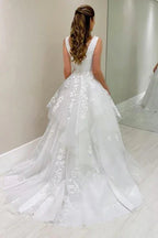 Designer A-Line Lace V-Neck Sleeveless  Wedding Dress With Appliques