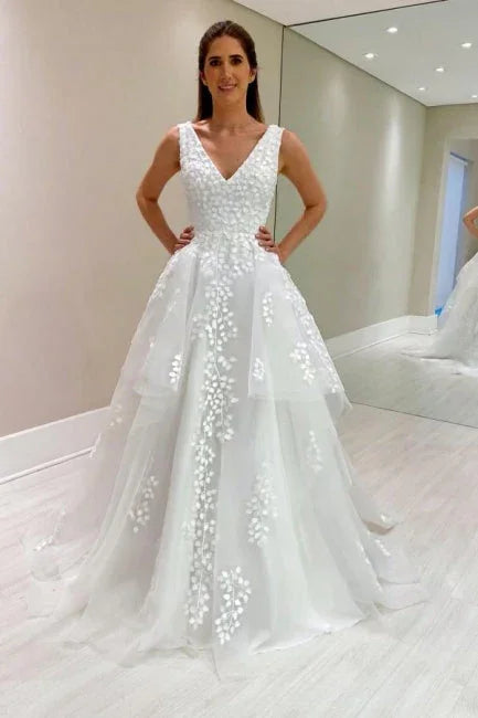 Designer A-Line Lace V-Neck Sleeveless  Wedding Dress With Appliques