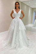 Designer A-Line Lace V-Neck Sleeveless  Wedding Dress With Appliques