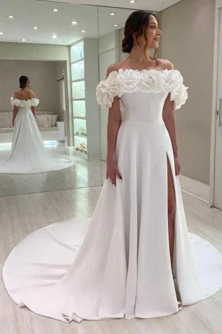 Designer A-Line Satin Off-The-Shoulder Sleeveless  Wedding Dresses With Split