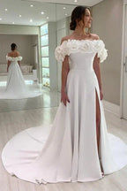 Designer A-Line Satin Off-The-Shoulder Sleeveless  Wedding Dresses With Split