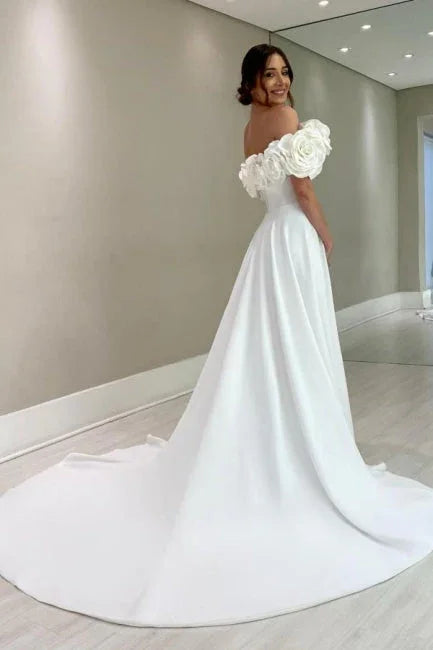 Designer A-Line Satin Off-The-Shoulder Sleeveless  Wedding Dresses With Split