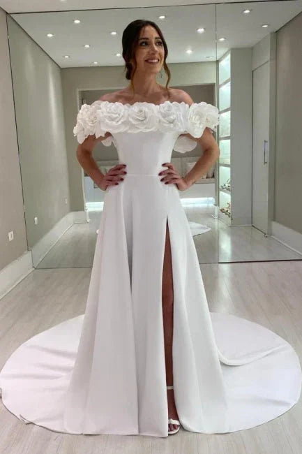 Designer A-Line Satin Off-The-Shoulder Sleeveless  Wedding Dresses With Split