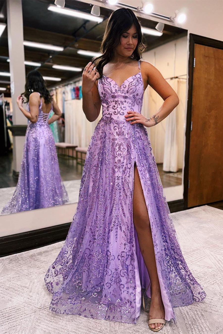 Designer Long A-line Spaghetti Straps Lace Sleeveless Prom Dress With Slit