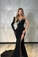 Designer Long Black Mermaid One Shoulder Satin Glitter Long Sleeve Prom Dress with Slit
