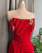 Designer Long Column Red Strapless Velvet Jewels Prom Dress