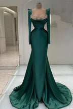 Designer Long Dark Green Beading Pearls Mermaid Prom Dresses with Long Sleeves