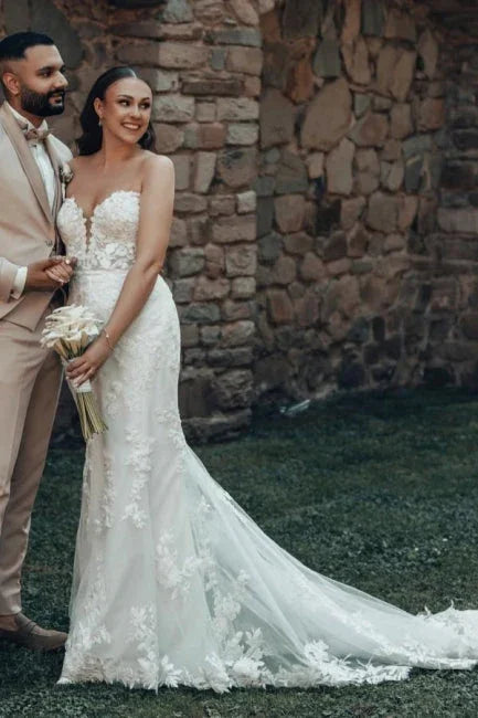 Designer Long Mermaid Strapless Lace Wedding Dress with Train