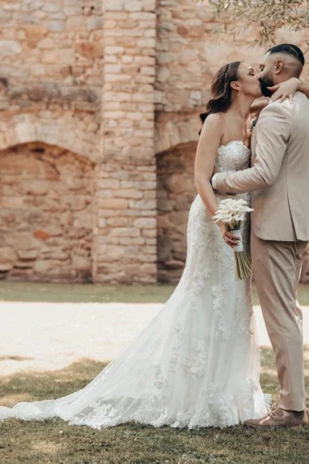 Designer Long Mermaid Strapless Lace Wedding Dress with Train
