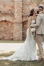 Designer Long Mermaid Strapless Lace Wedding Dress with Train