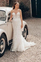 Designer Long Mermaid Strapless Lace Wedding Dress with Train