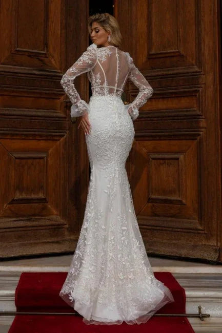 Designer Long Mermaid V-neck Lace Wedding Dresses With Long Sleeves